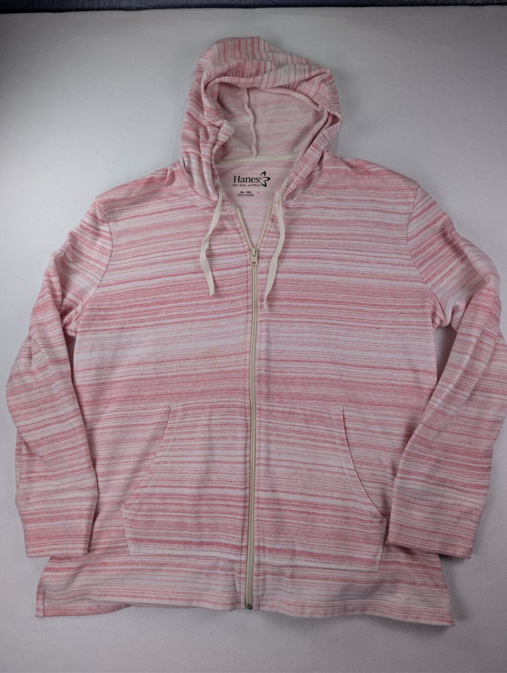 Hanes Women’s XL Pink White Striped Slub Full Zip Lightweight Hoodie